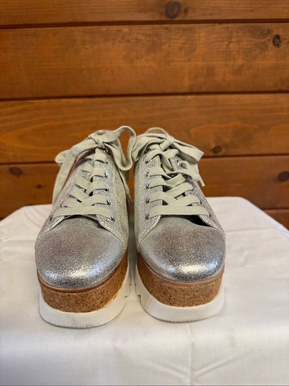 Steve Madden Korrie silver wedge shoes metallic finish cork platform Sz 8 - Picture 7 of 8